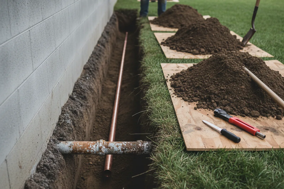 Excavated water line trench during Water Softener Installation in Oakham